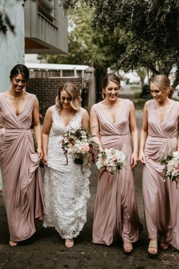 Chic V Neck Sleeveless Long Bridesmaid Dresses Simple Floor Length Bridesmaid Dress - KissProm