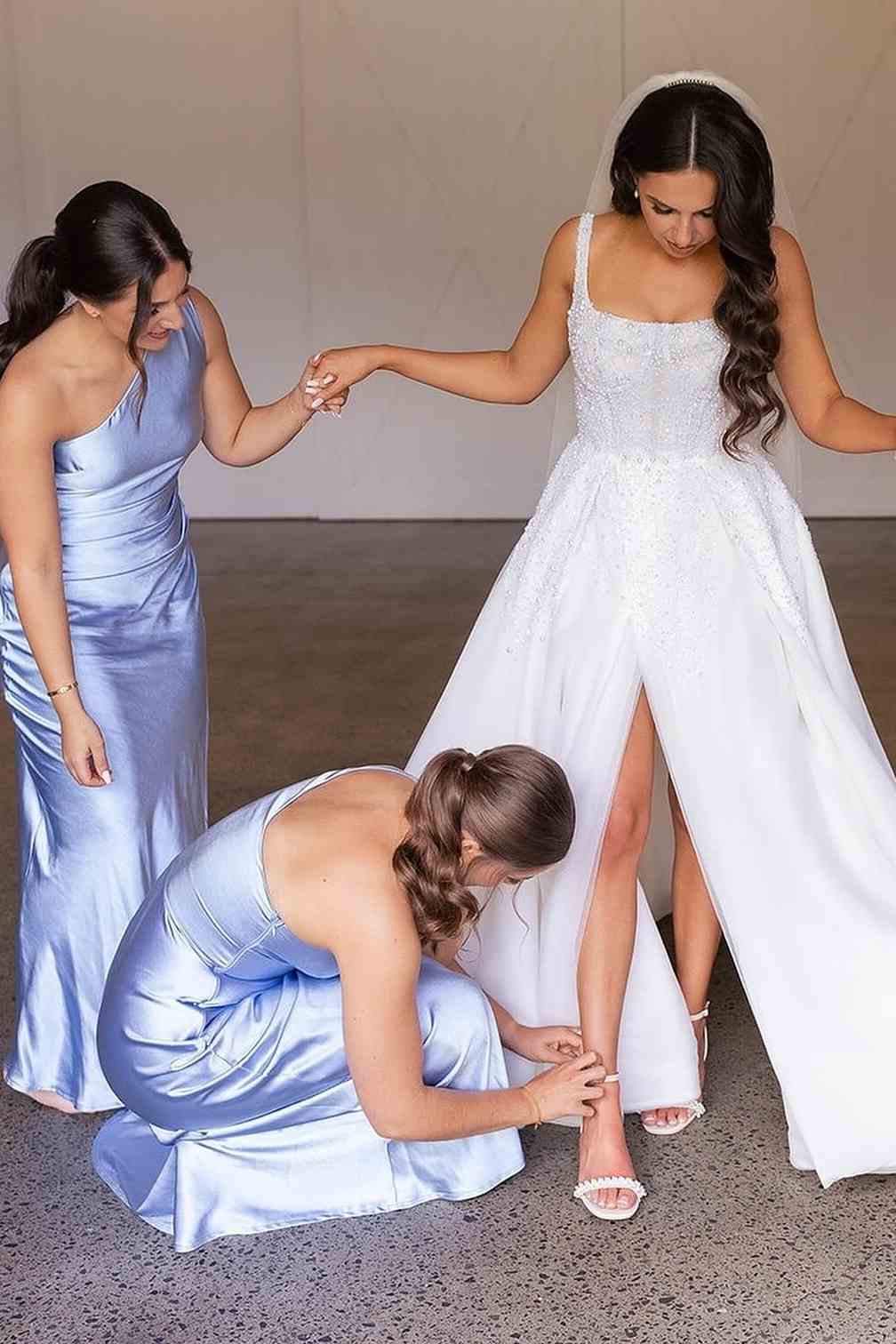 Filigree | One Shoulder Sleeveless Satin Pleated Long Bridesmaid Dress - KissProm