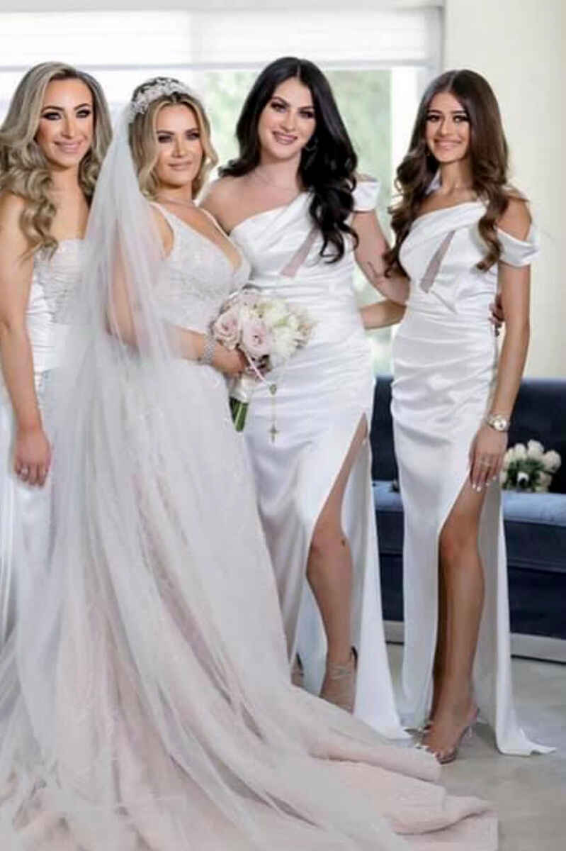 Milani | White One - Shoulder Cutout Long Bridesmaid Dress with Slit - KissProm